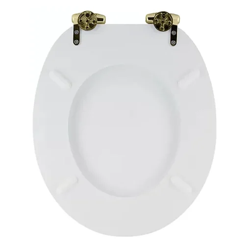 Toreno High Gloss White MDF Bottom Fixing Toilet Seat Brushed Brass Hinges -Bathroom Essentials Shop msc020nbbd2